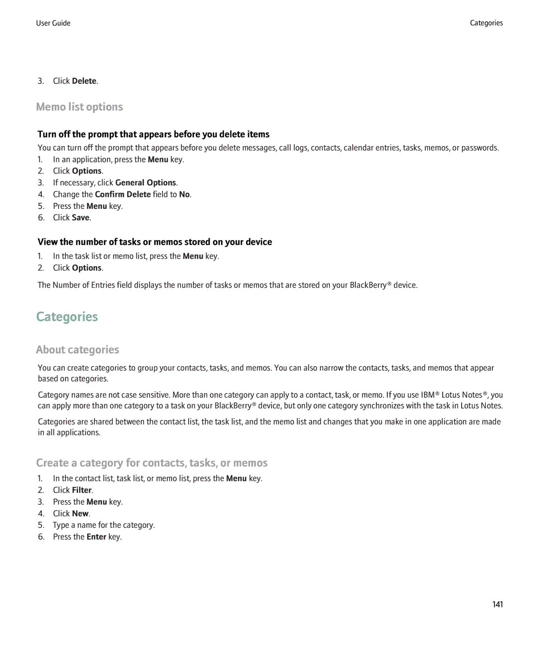 Blackberry 8900 manual Categories, Memo list options, About categories, Create a category for contacts, tasks, or memos 