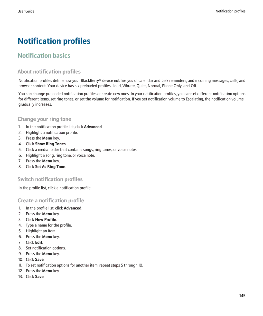 Blackberry 8900 manual Notification profiles, Notification basics 