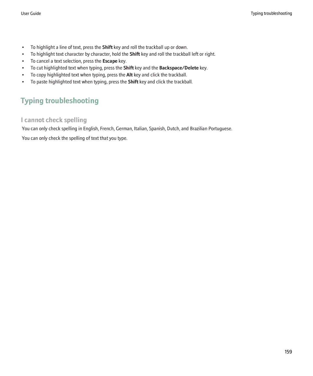 Blackberry 8900 manual Typing troubleshooting, Cannot check spelling 