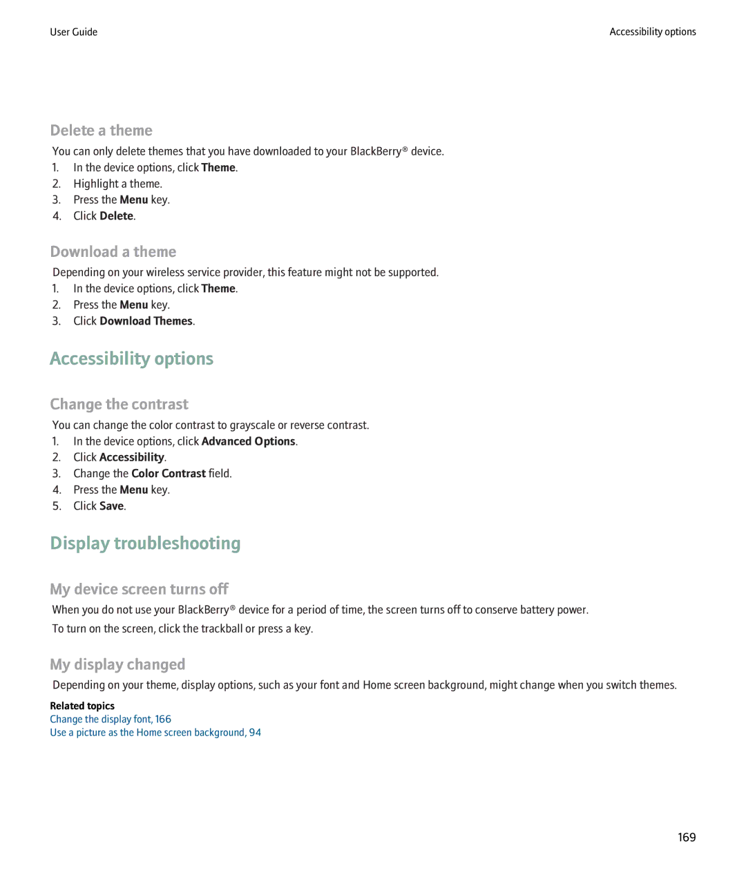 Blackberry 8900 manual Accessibility options, Display troubleshooting 