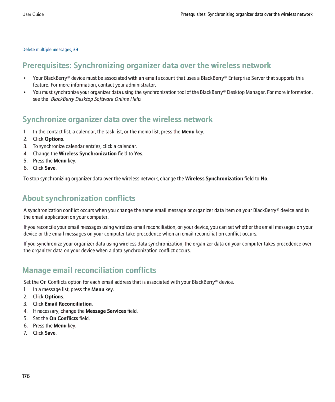 Blackberry 8900 manual Synchronize organizer data over the wireless network, About synchronization conflicts 