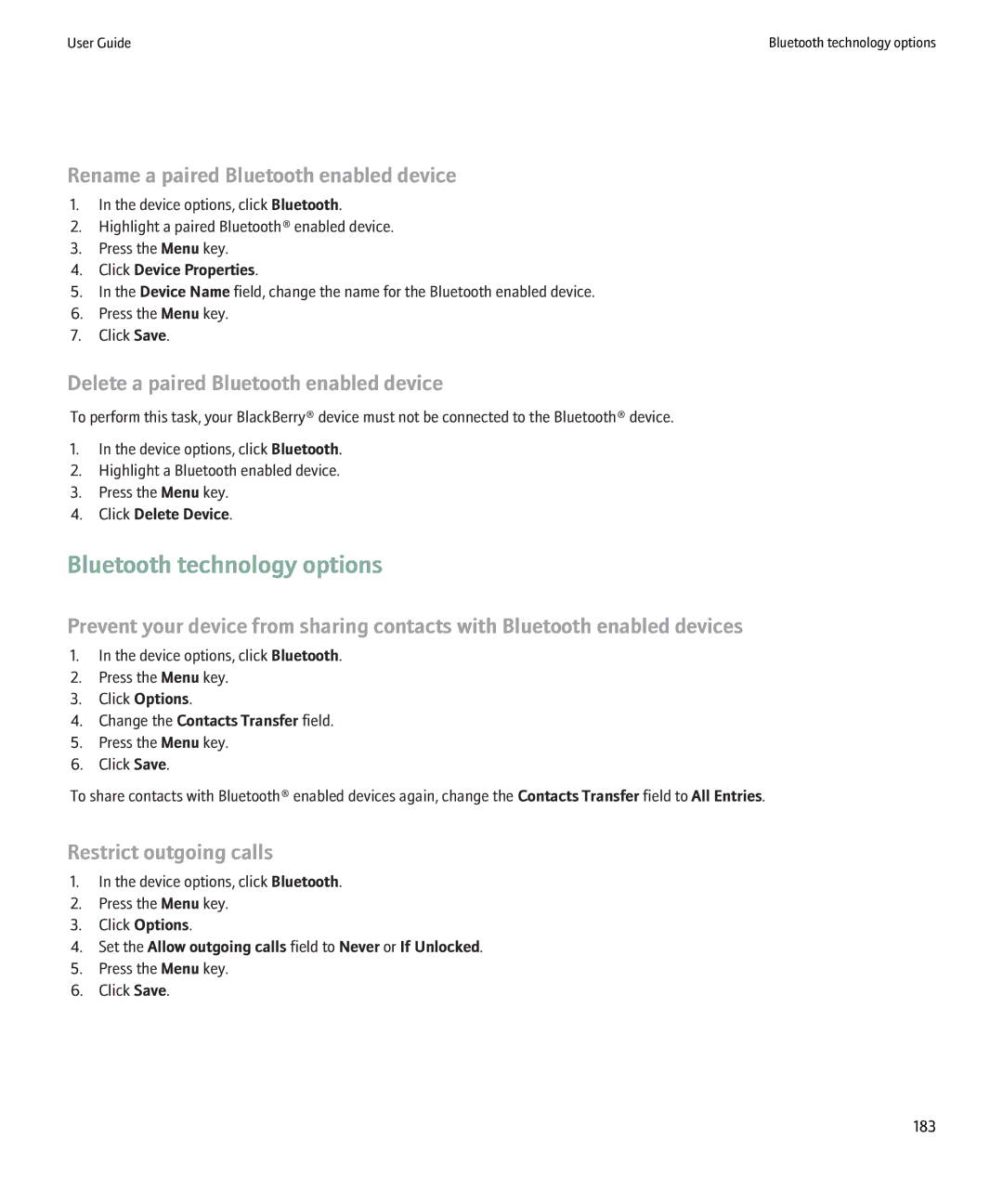 Blackberry 8900 manual Bluetooth technology options, Rename a paired Bluetooth enabled device, Restrict outgoing calls 