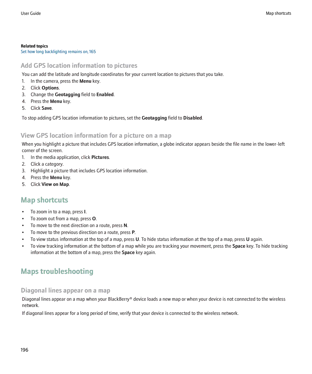 Blackberry 8900 manual Maps troubleshooting, Add GPS location information to pictures, Diagonal lines appear on a map 