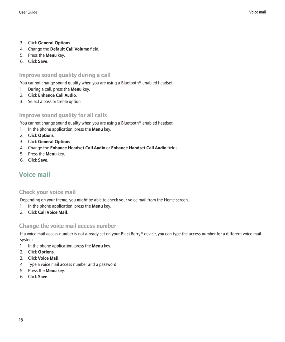 Blackberry 8900 manual Voice mail, Improve sound quality during a call, Improve sound quality for all calls 