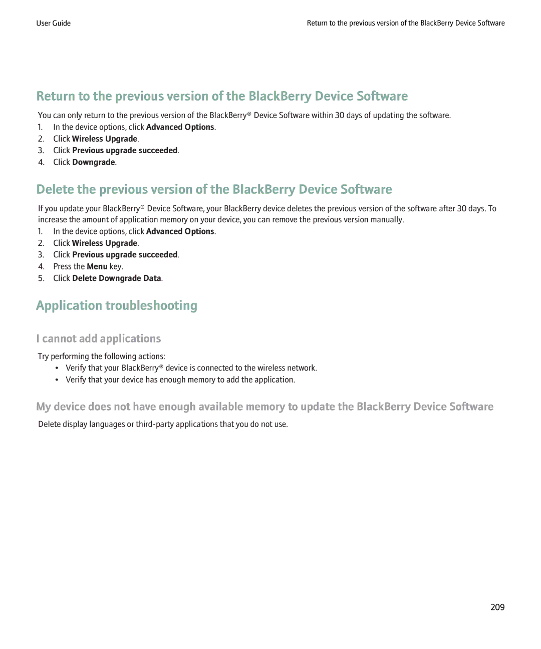 Blackberry 8900 manual Application troubleshooting, Cannot add applications, Click Delete Downgrade Data 