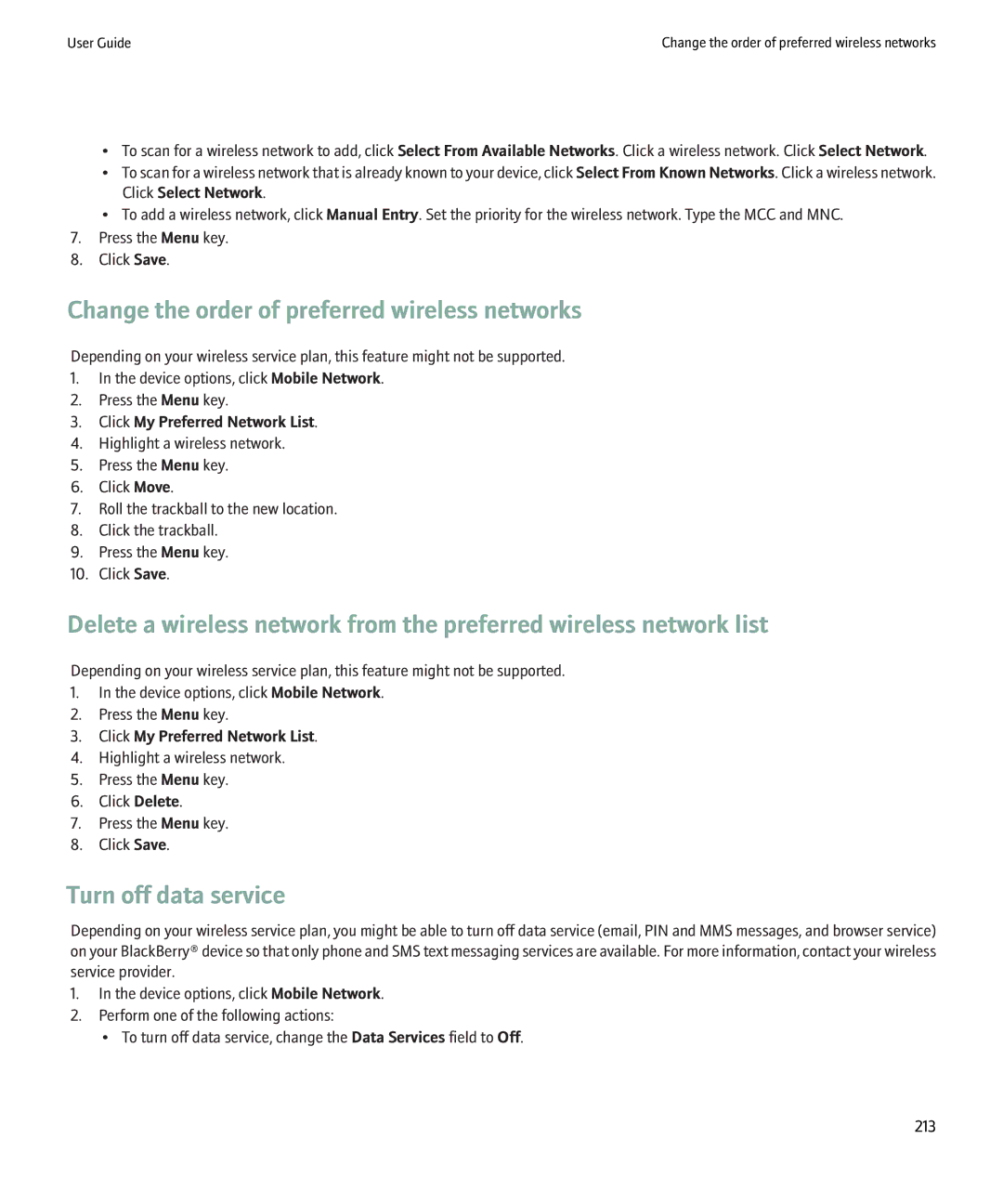 Blackberry 8900 manual Change the order of preferred wireless networks, Turn off data service 
