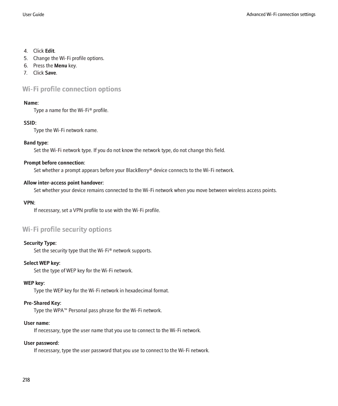 Blackberry 8900 Wi-Fi profile connection options, Band type, Prompt before connection, Allow inter-access point handover 