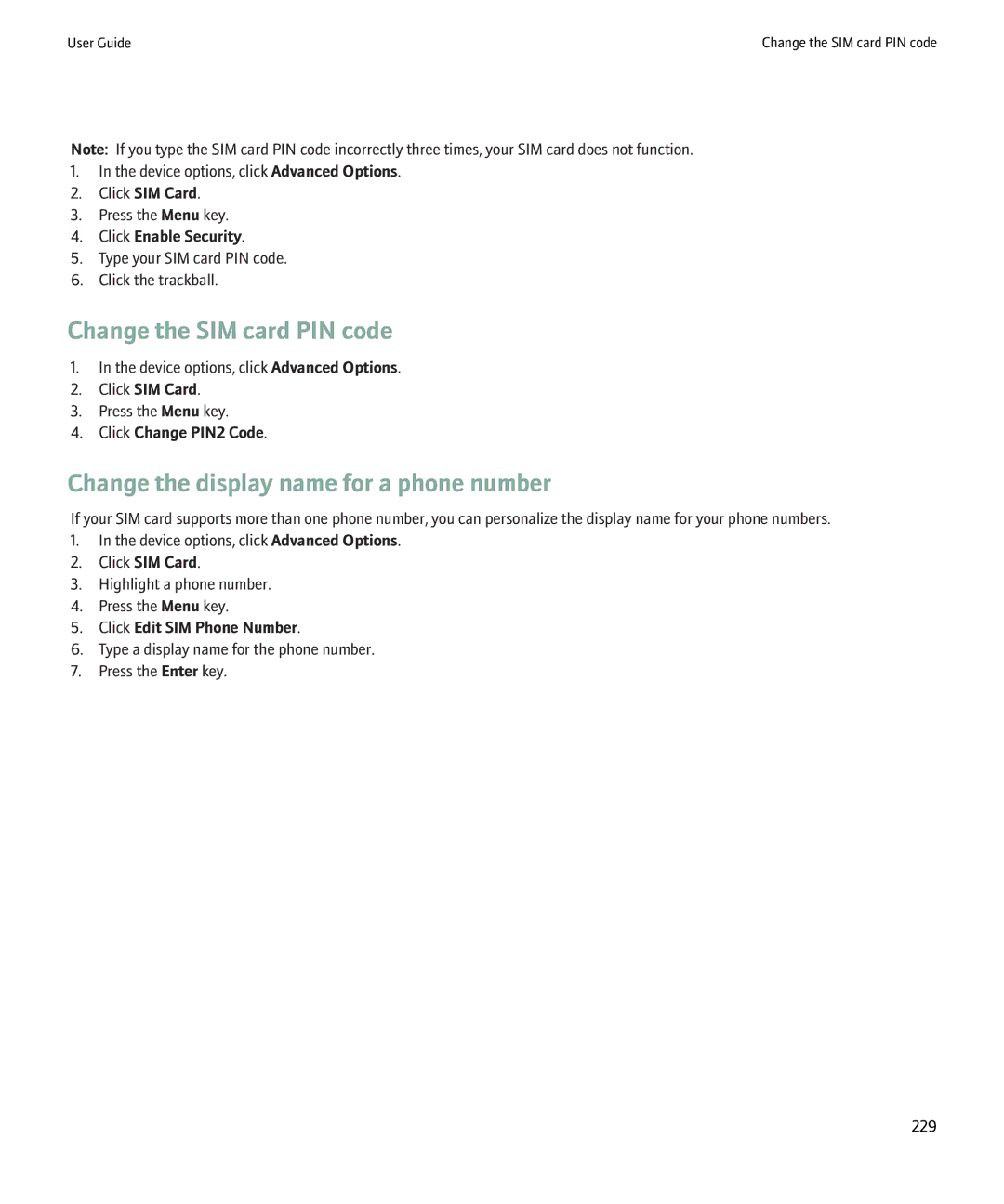 Blackberry 8900 manual Change the SIM card PIN code, Change the display name for a phone number 