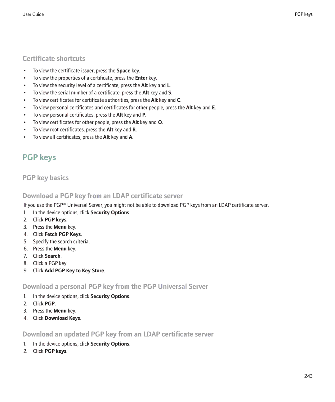 Blackberry 8900 manual PGP keys, Certificate shortcuts, Download a personal PGP key from the PGP Universal Server 