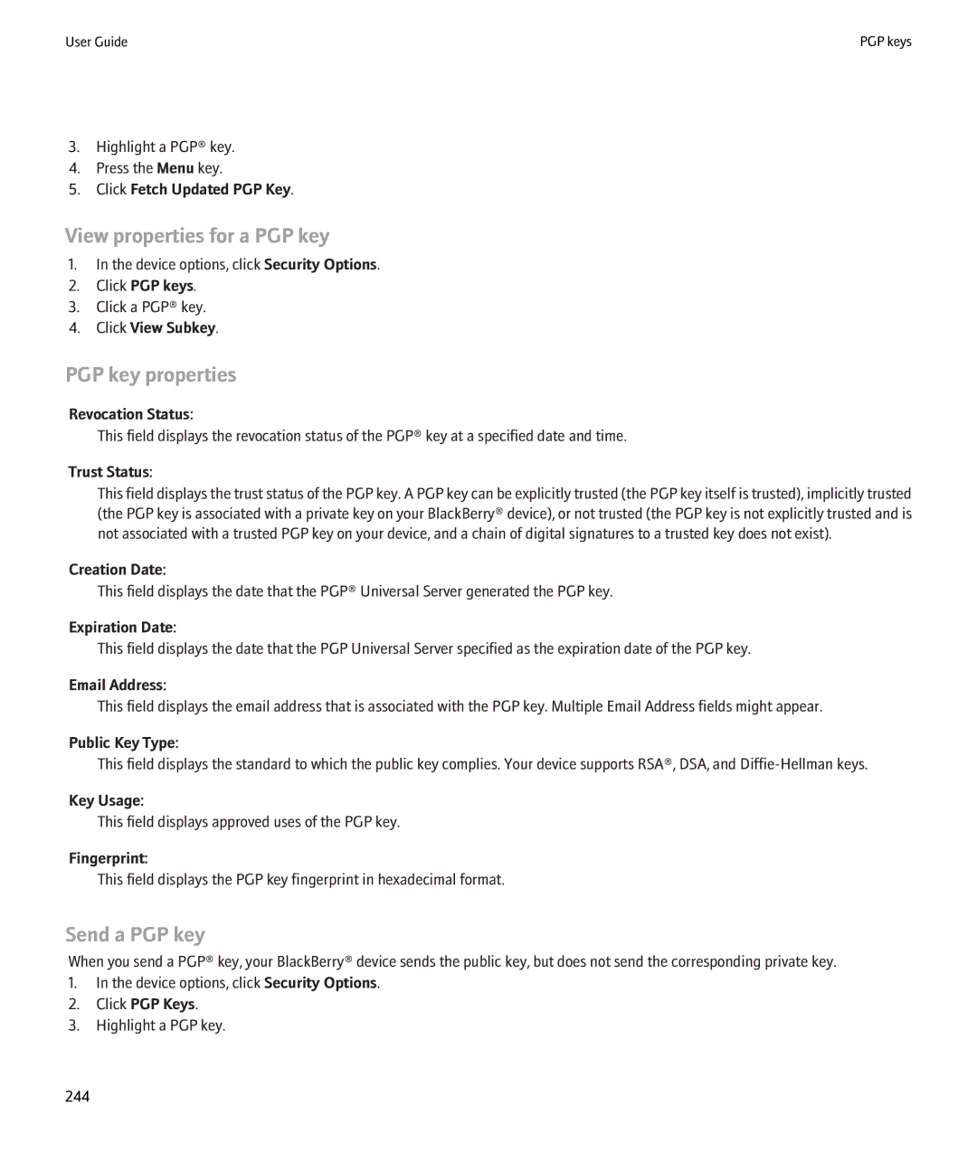 Blackberry 8900 manual View properties for a PGP key, PGP key properties, Send a PGP key 