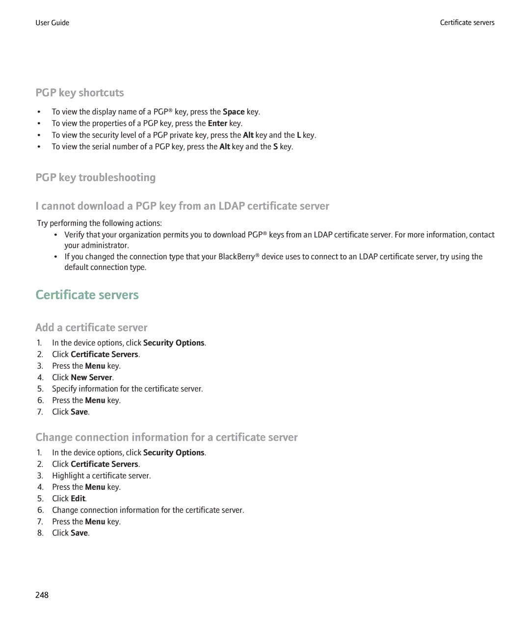 Blackberry 8900 manual Certificate servers, PGP key shortcuts, Add a certificate server 