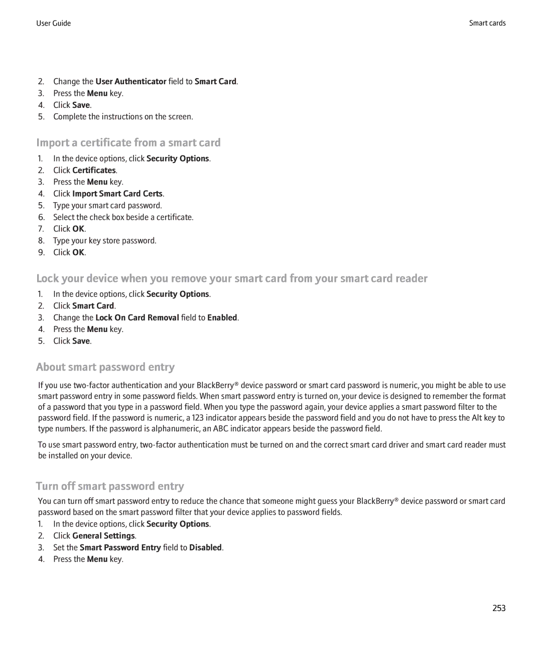 Blackberry 8900 manual Import a certificate from a smart card, About smart password entry, Turn off smart password entry 