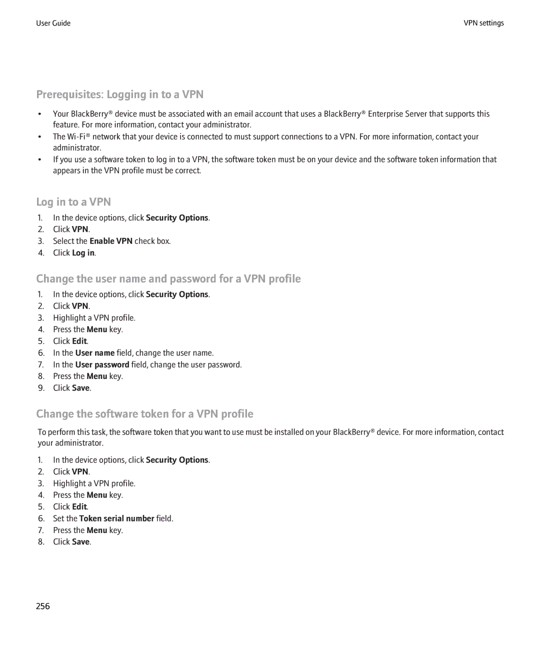 Blackberry 8900 Prerequisites Logging in to a VPN, Log in to a VPN, Change the user name and password for a VPN profile 