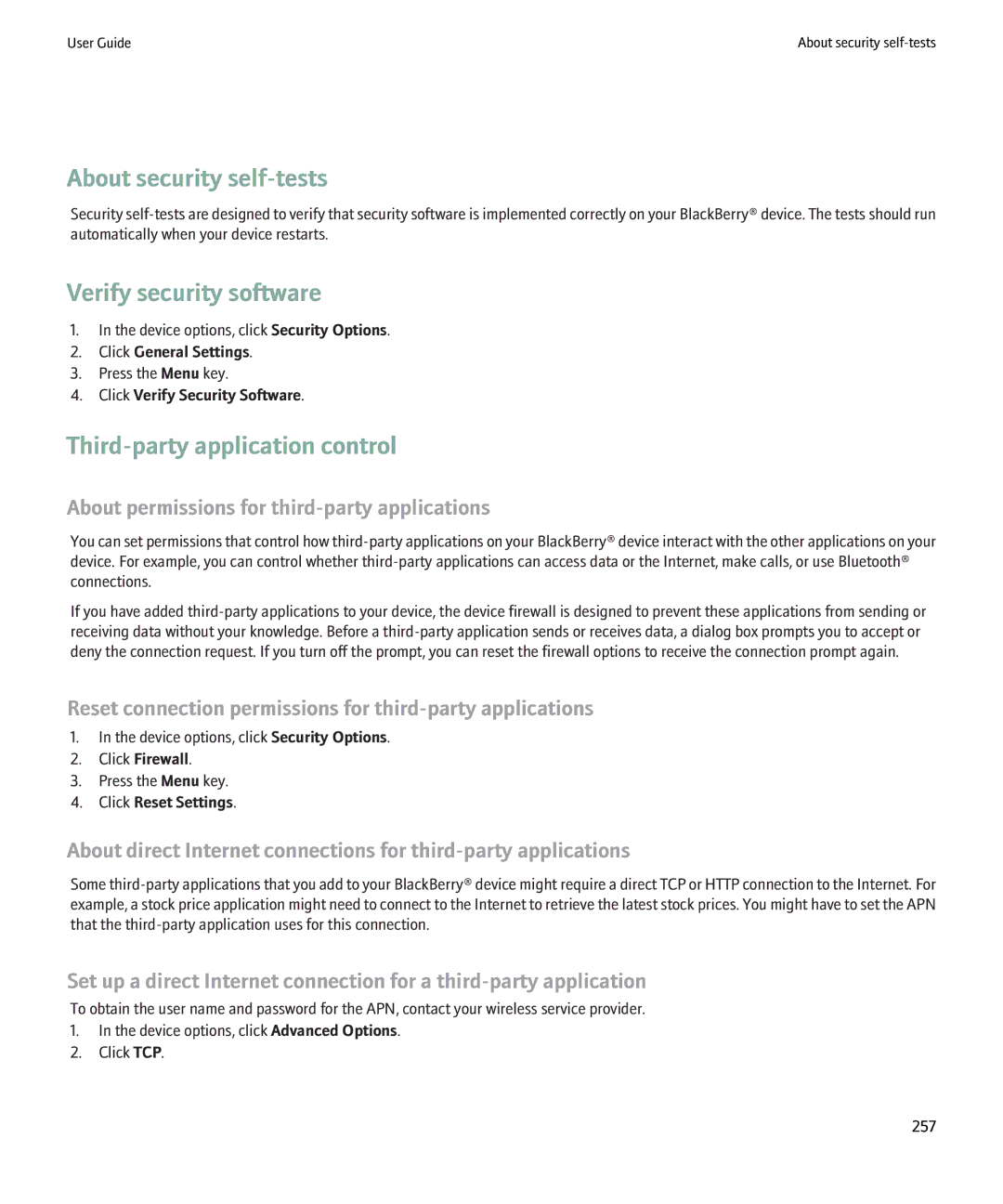 Blackberry 8900 manual About security self-tests, Verify security software, Third-party application control 