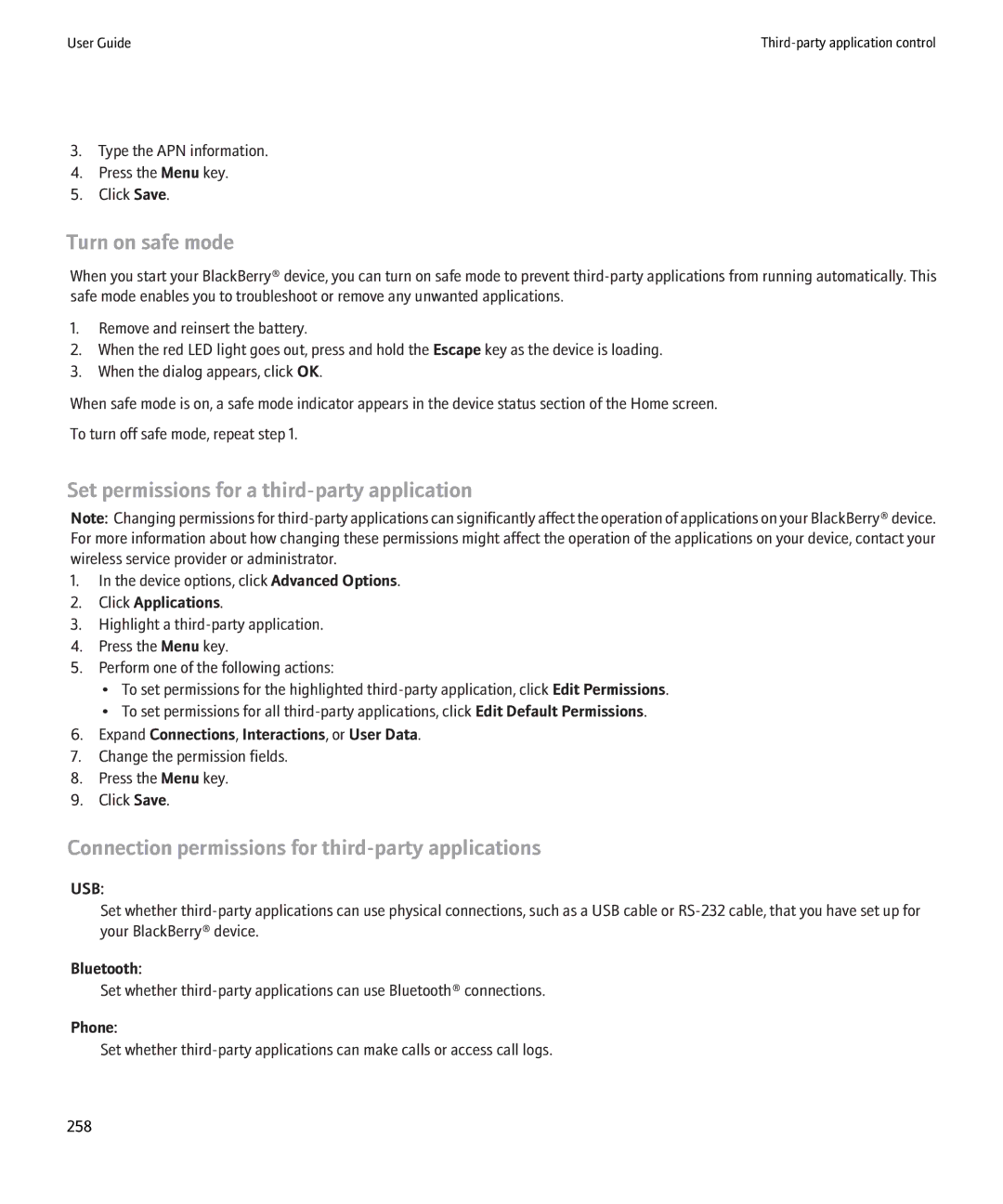 Blackberry 8900 manual Turn on safe mode, Set permissions for a third-party application 