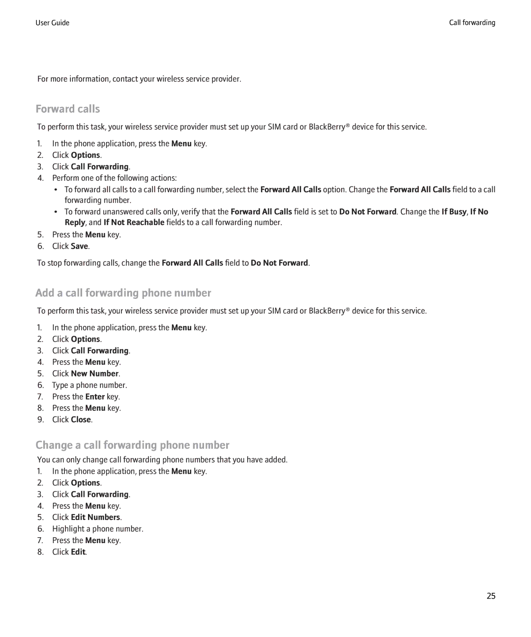 Blackberry 8900 manual Forward calls, Add a call forwarding phone number, Change a call forwarding phone number 