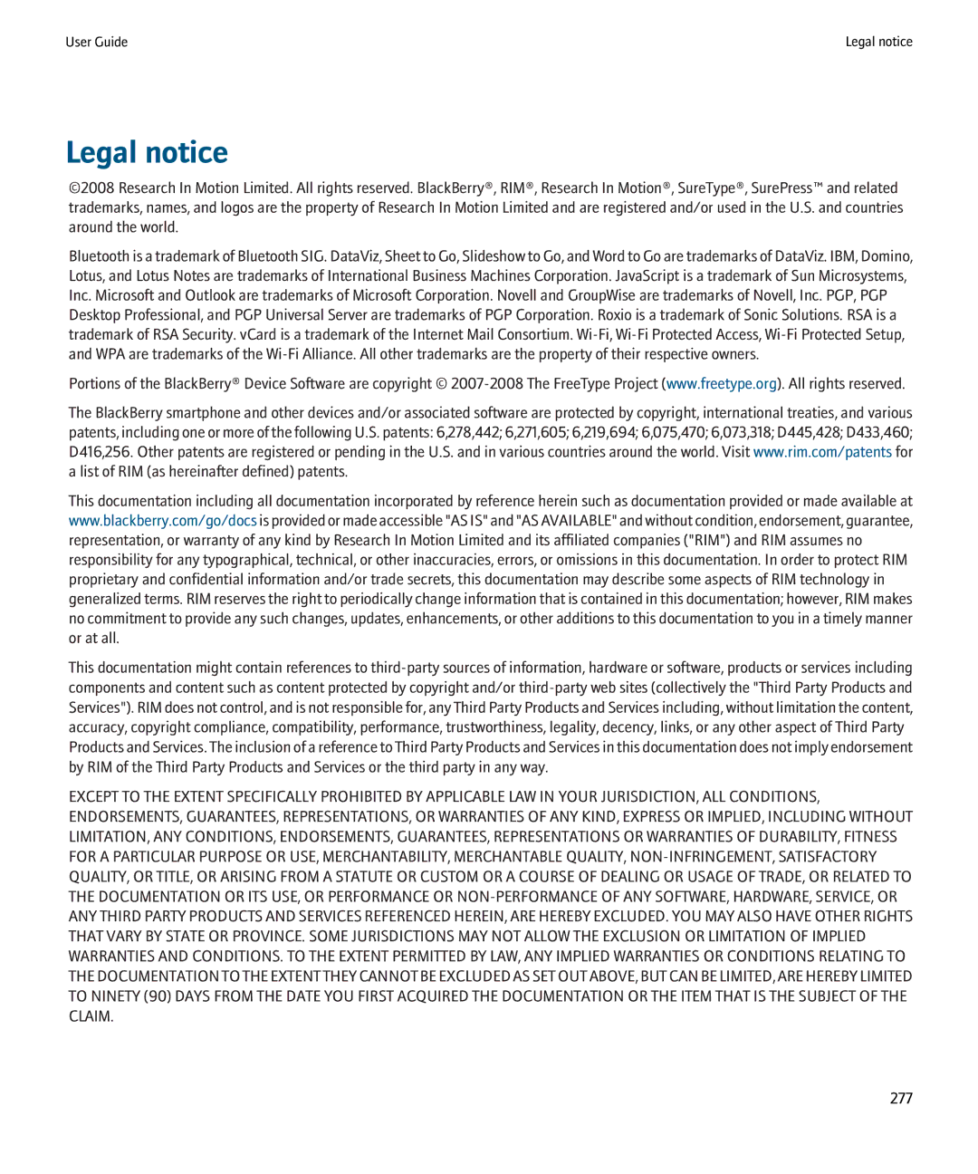 Blackberry 8900 manual Legal notice, 277 