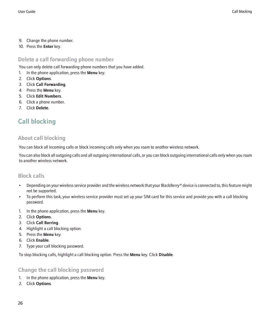 Blackberry 8900 manual Call blocking, Delete a call forwarding phone number, About call blocking, Block calls 