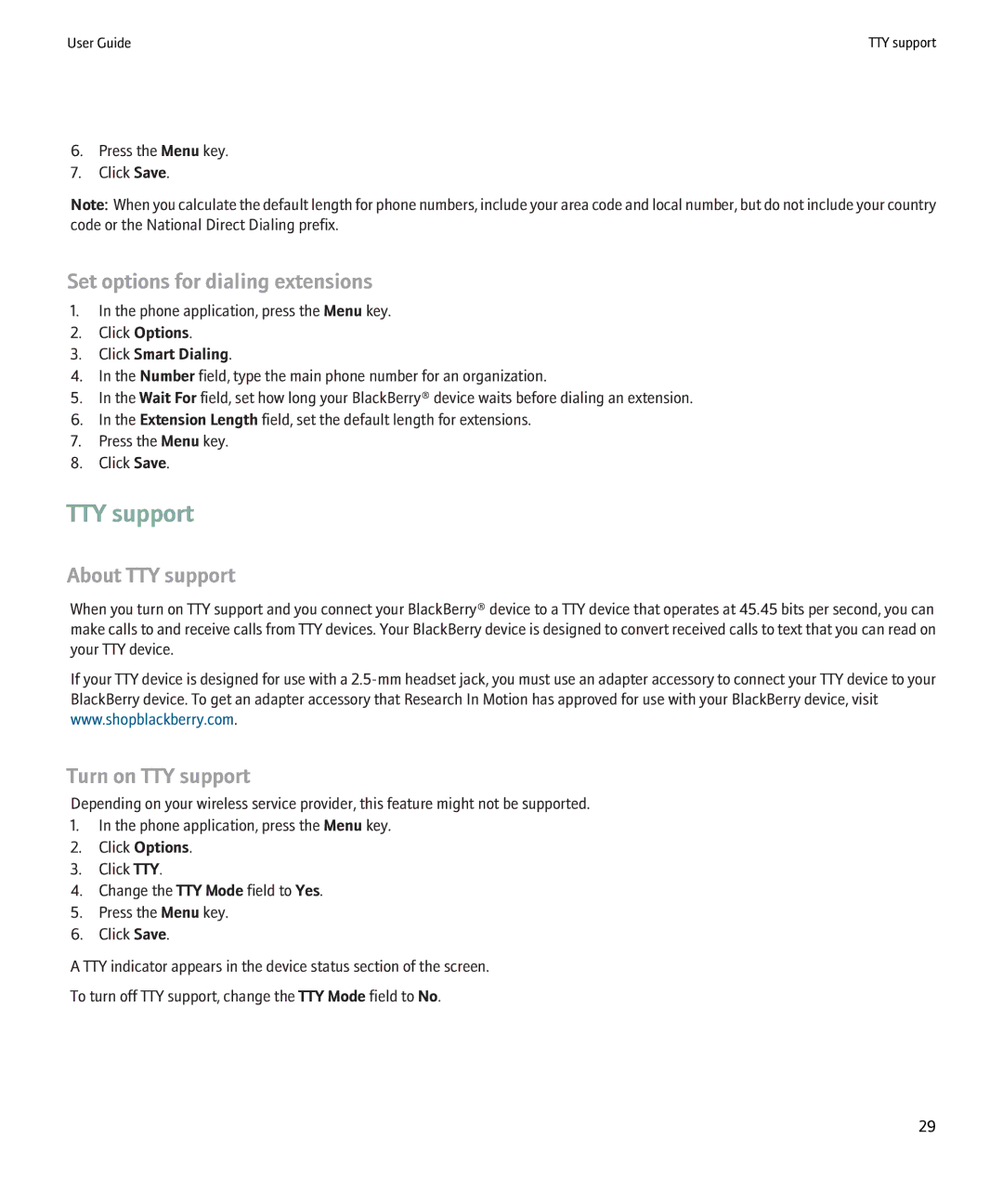 Blackberry 8900 manual Set options for dialing extensions, About TTY support, Turn on TTY support, Click Smart Dialing 