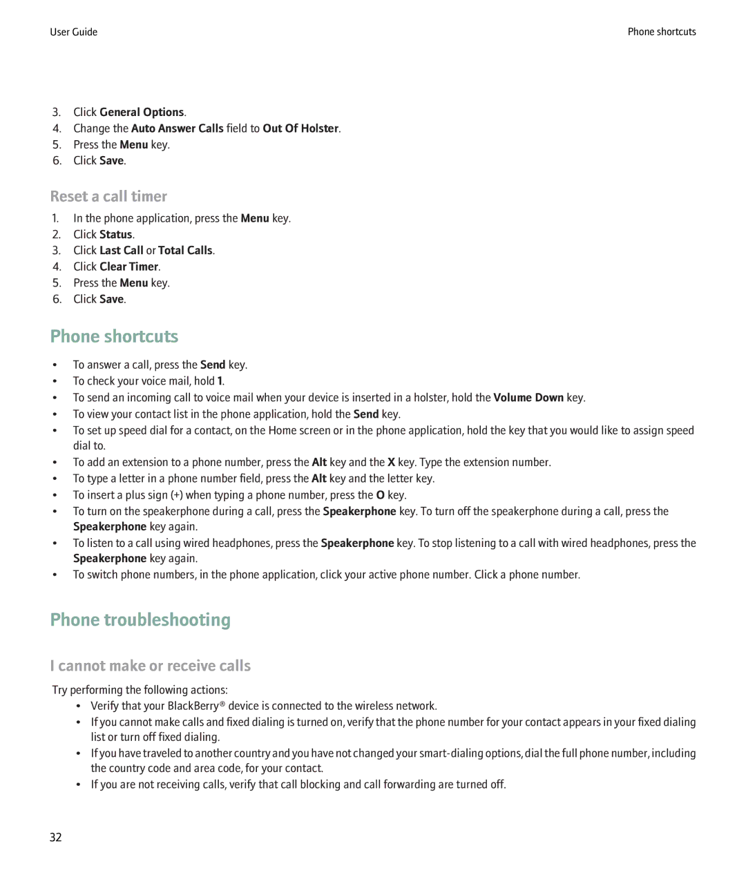 Blackberry 8900 manual Phone troubleshooting, Reset a call timer, Cannot make or receive calls 