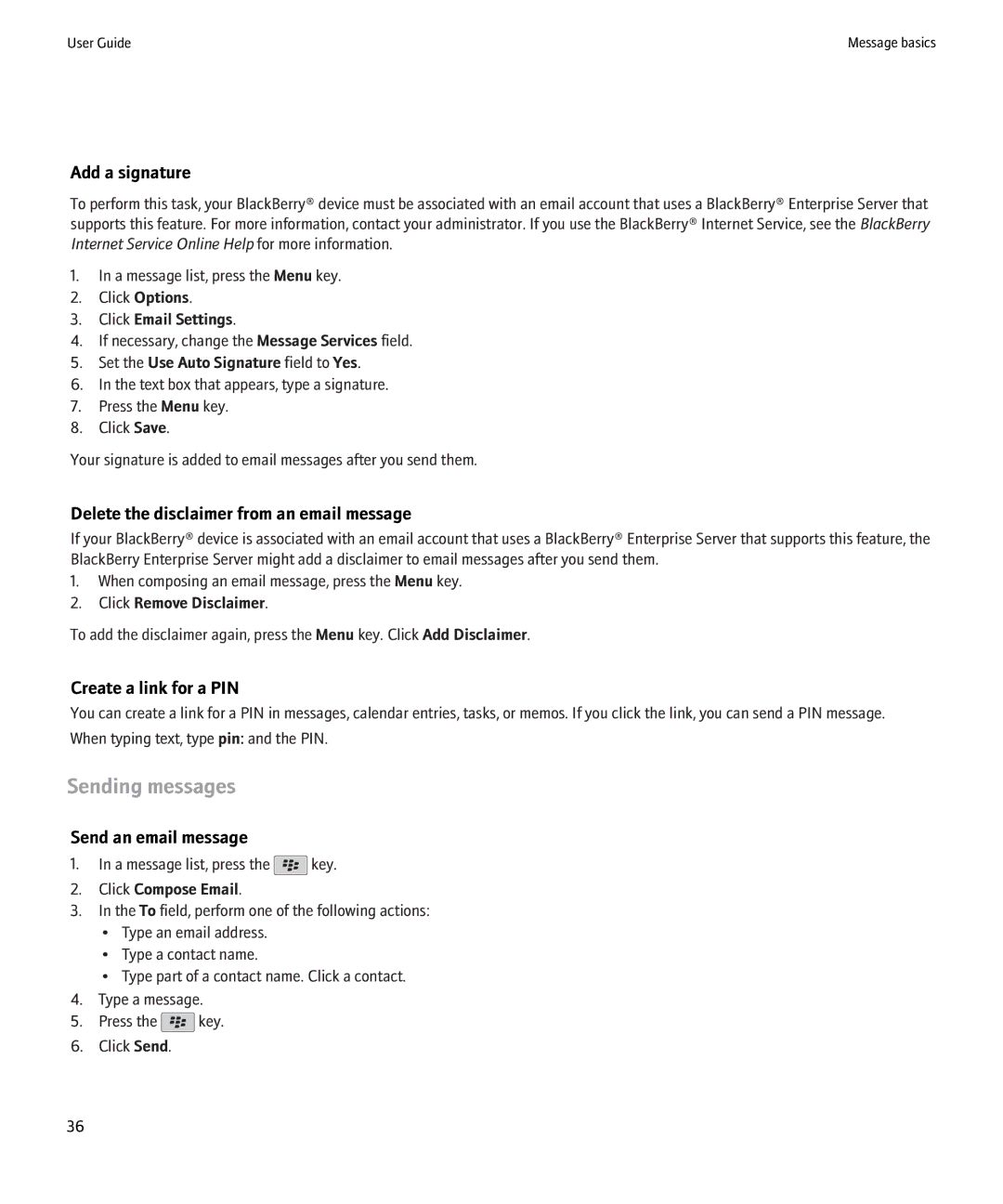 Blackberry 8900 Sending messages, Add a signature, Delete the disclaimer from an email message, Create a link for a PIN 