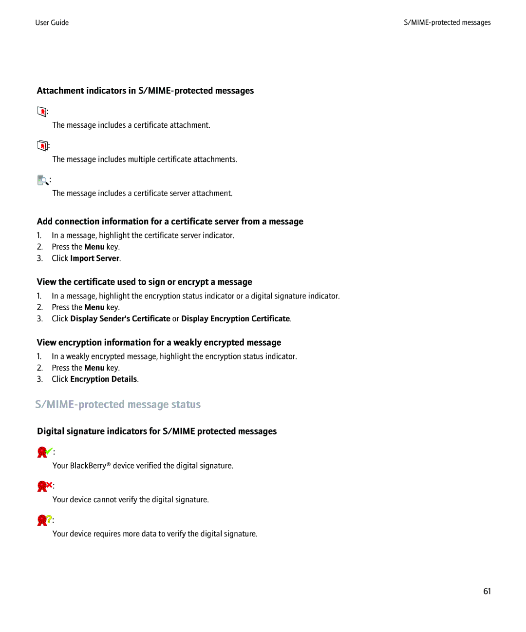 Blackberry 8900 manual MIME-protected message status, Attachment indicators in S/MIME-protected messages 