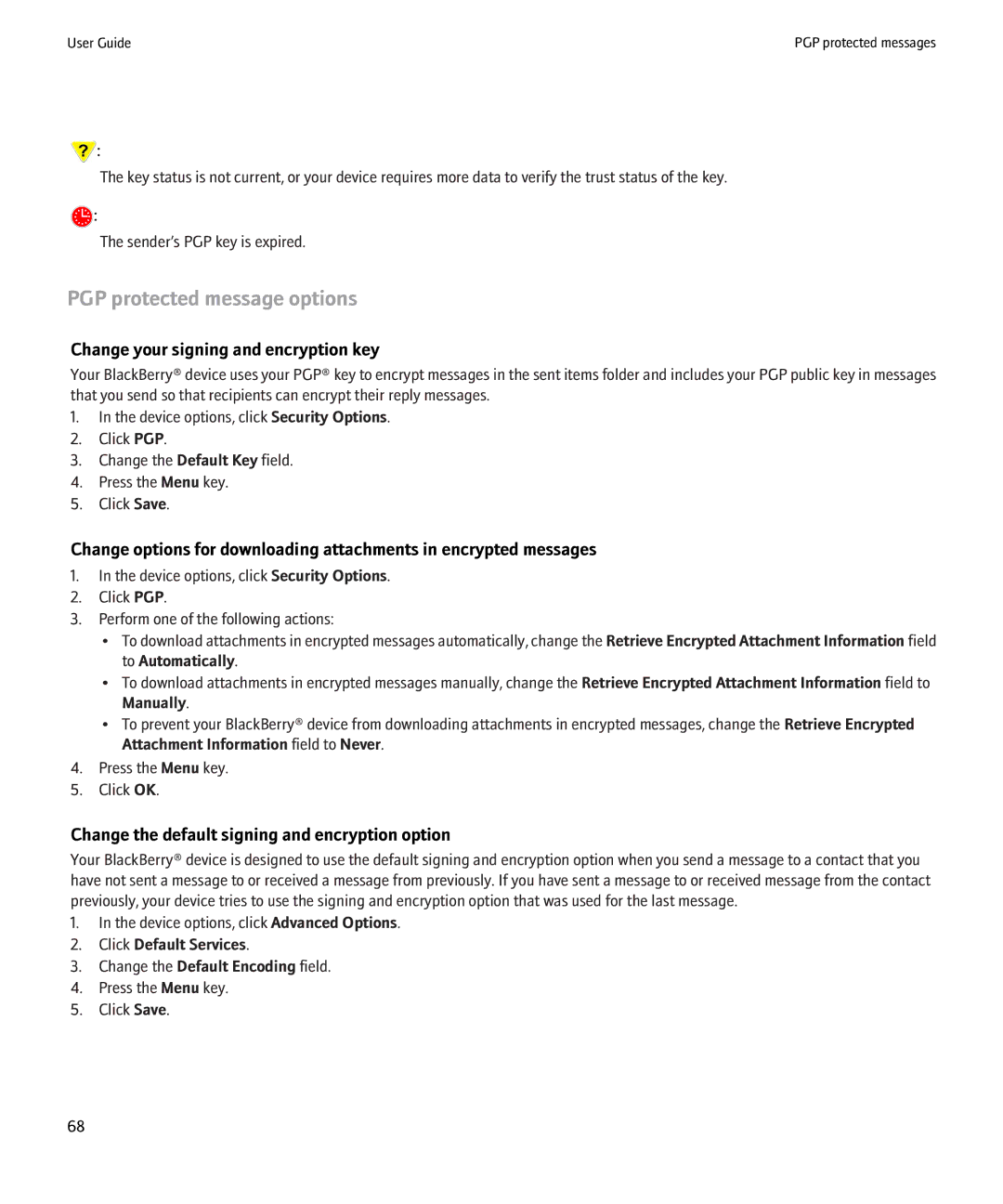 Blackberry 8900 manual PGP protected message options, Change your signing and encryption key 