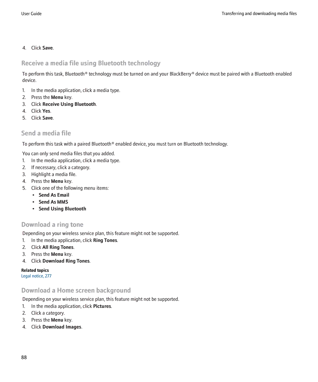 Blackberry 8900 manual Receive a media file using Bluetooth technology, Send a media file, Download a ring tone 
