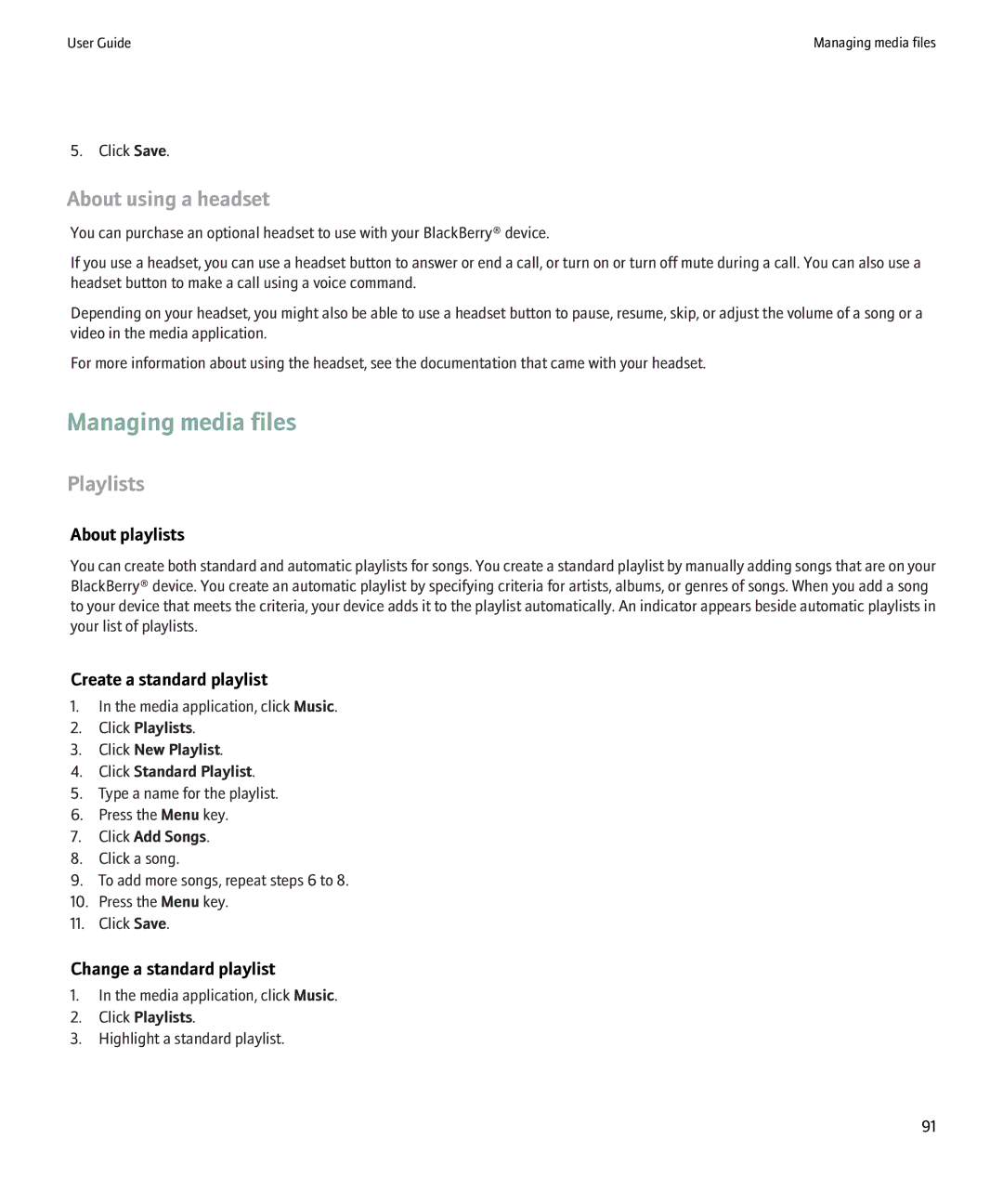 Blackberry 8900 Managing media files, Playlists, About playlists, Create a standard playlist, Change a standard playlist 