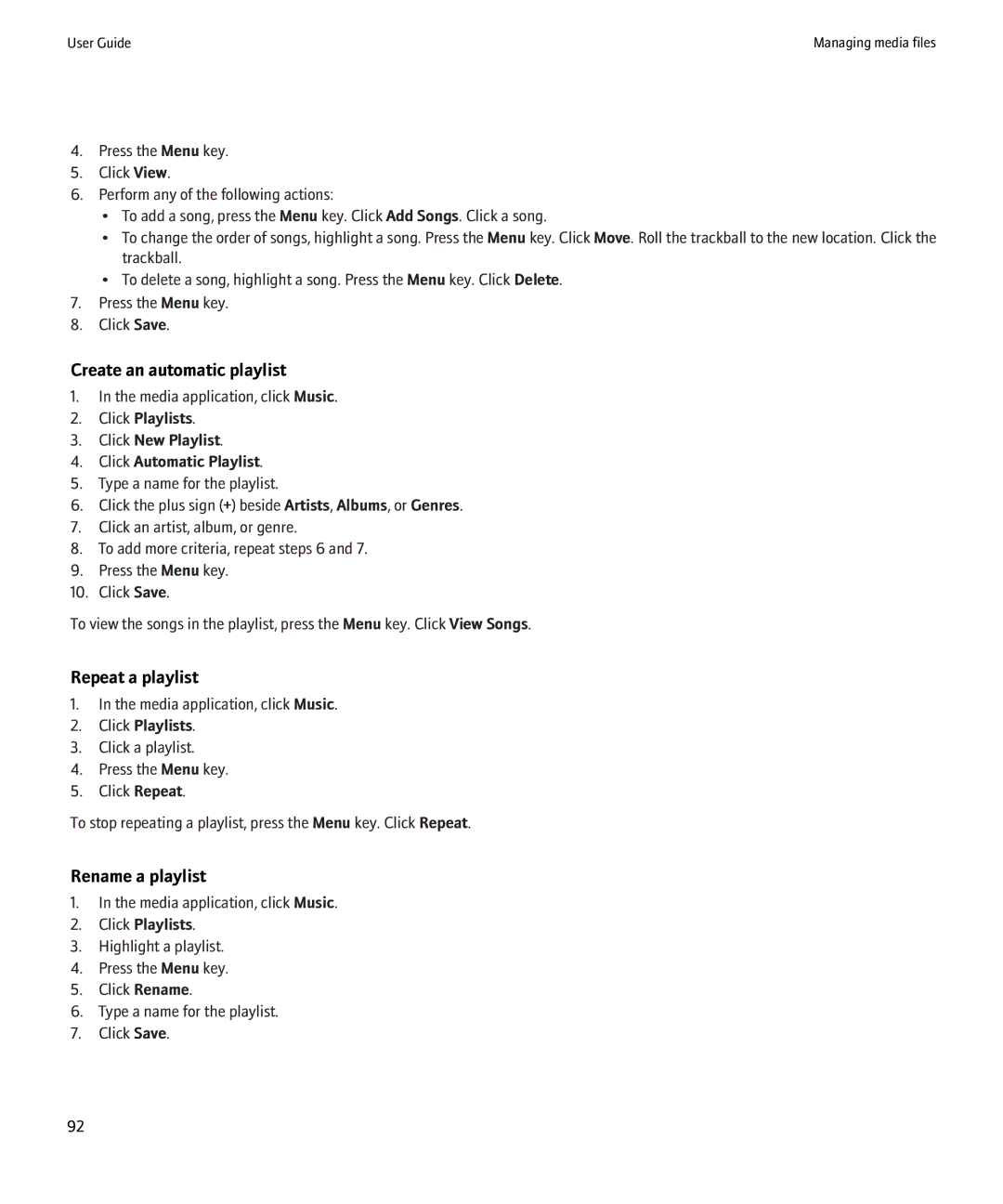 Blackberry 8900 manual Create an automatic playlist, Repeat a playlist, Rename a playlist 