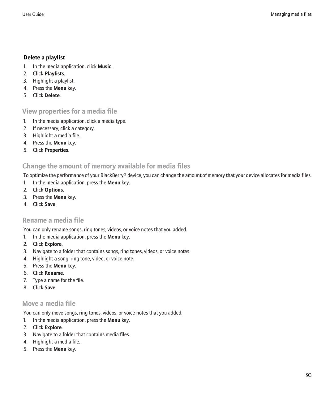 Blackberry 8900 View properties for a media file, Change the amount of memory available for media files, Move a media file 