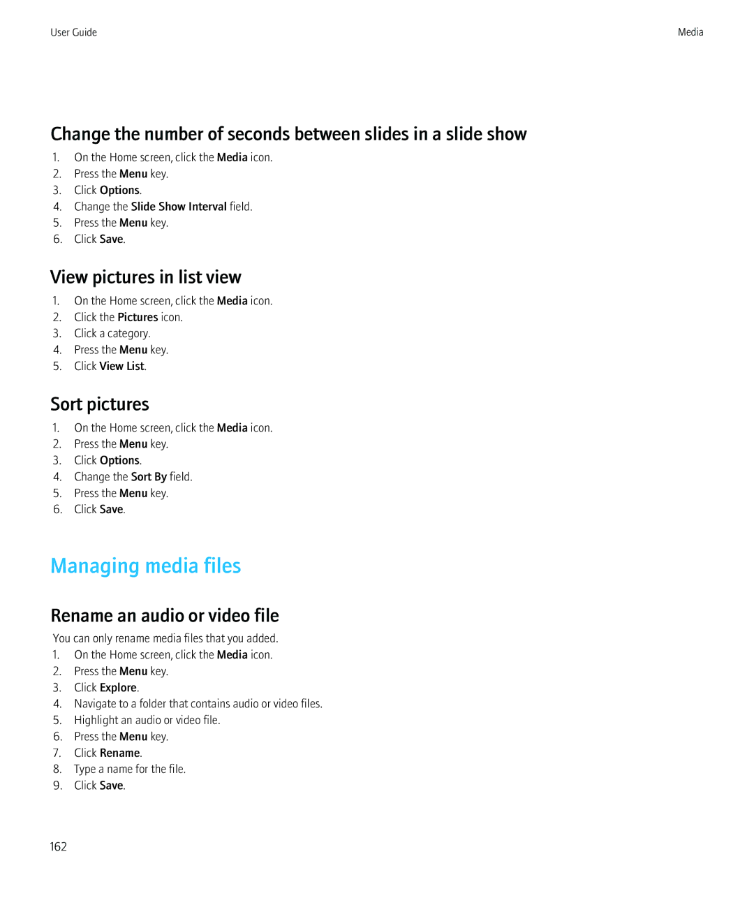 Blackberry 8980 manual Managing media files, Change the number of seconds between slides in a slide show, Sort pictures 