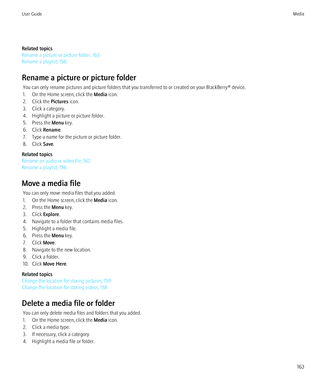 Blackberry 8980 manual Rename a picture or picture folder, Move a media file, Delete a media file or folder 