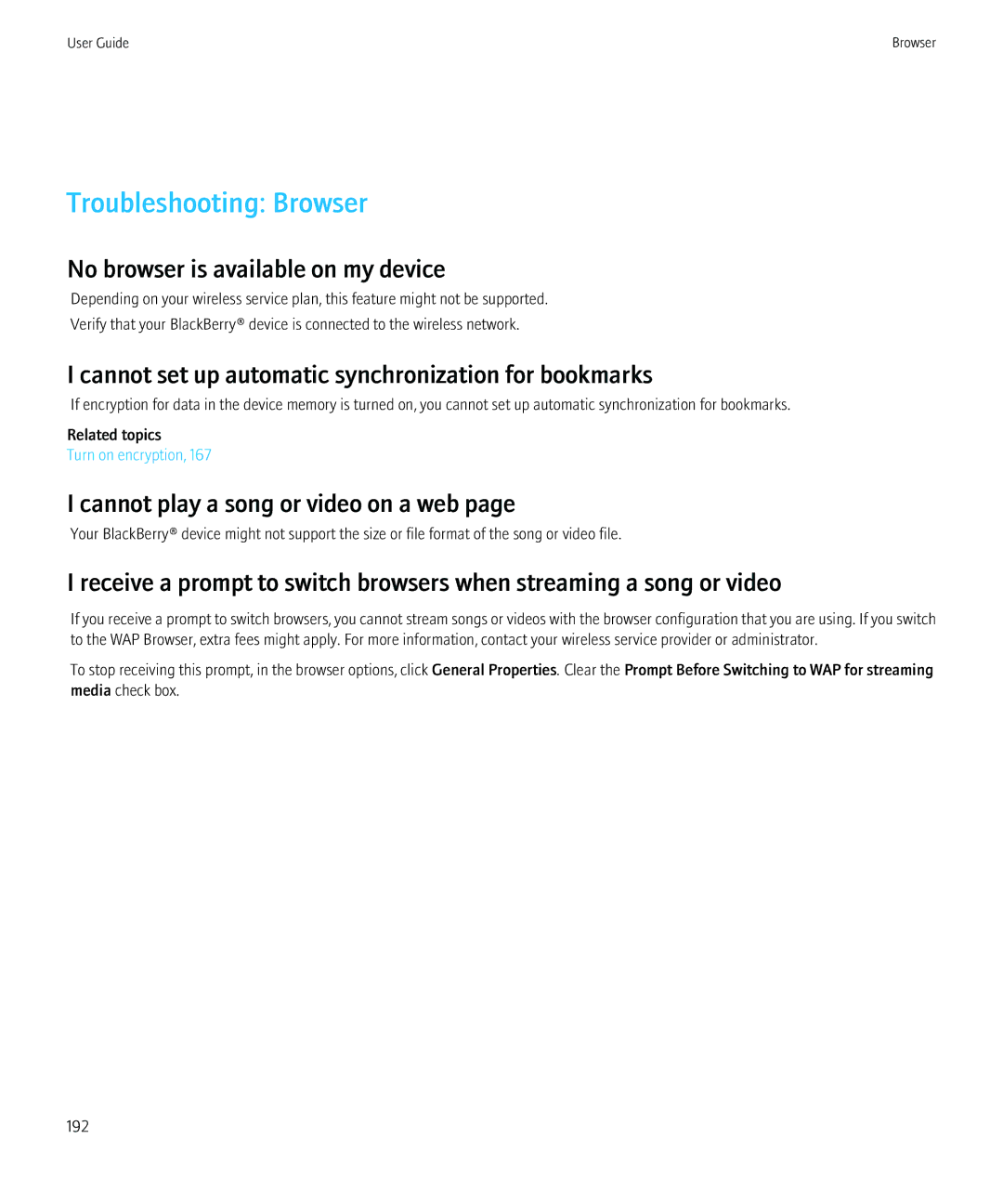 Blackberry 8980 manual Troubleshooting Browser, No browser is available on my device, Cannot play a song or video on a web 