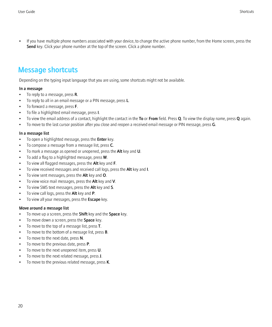 Blackberry 8980 manual Message shortcuts 