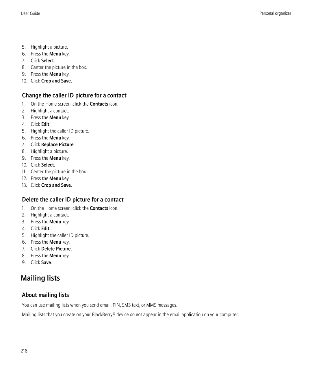 Blackberry 8980 Mailing lists, Change the caller ID picture for a contact, Delete the caller ID picture for a contact 