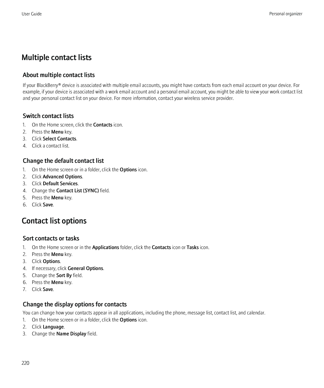 Blackberry 8980 manual Multiple contact lists, Contact list options 