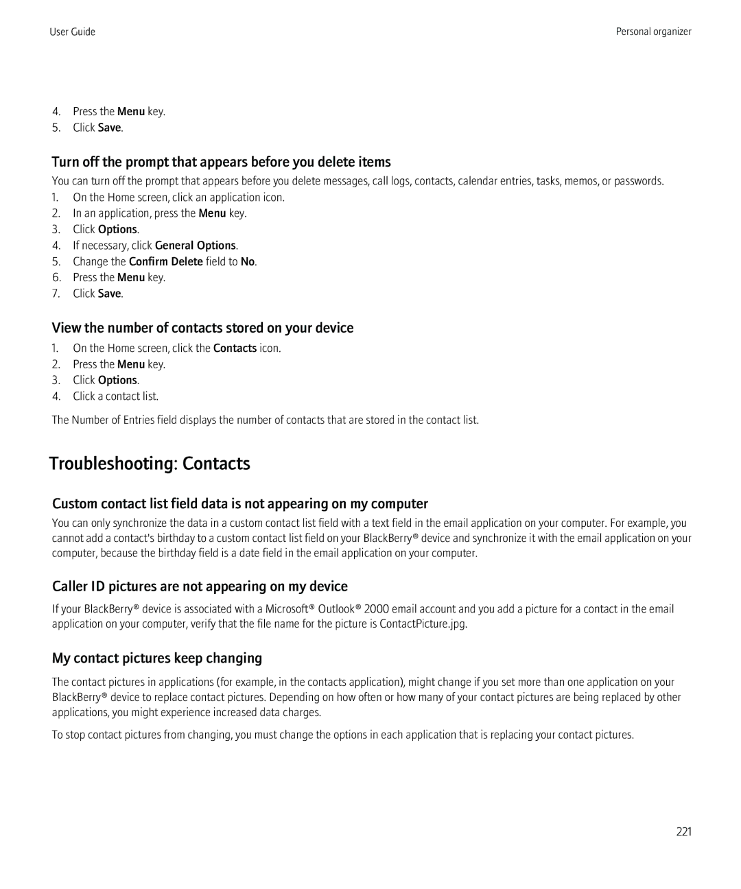Blackberry 8980 manual Troubleshooting Contacts, Turn off the prompt that appears before you delete items 