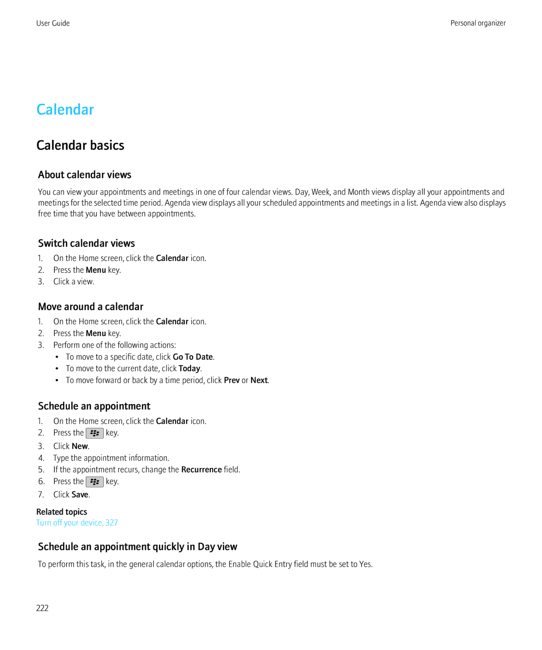 Blackberry 8980 manual Calendar basics 