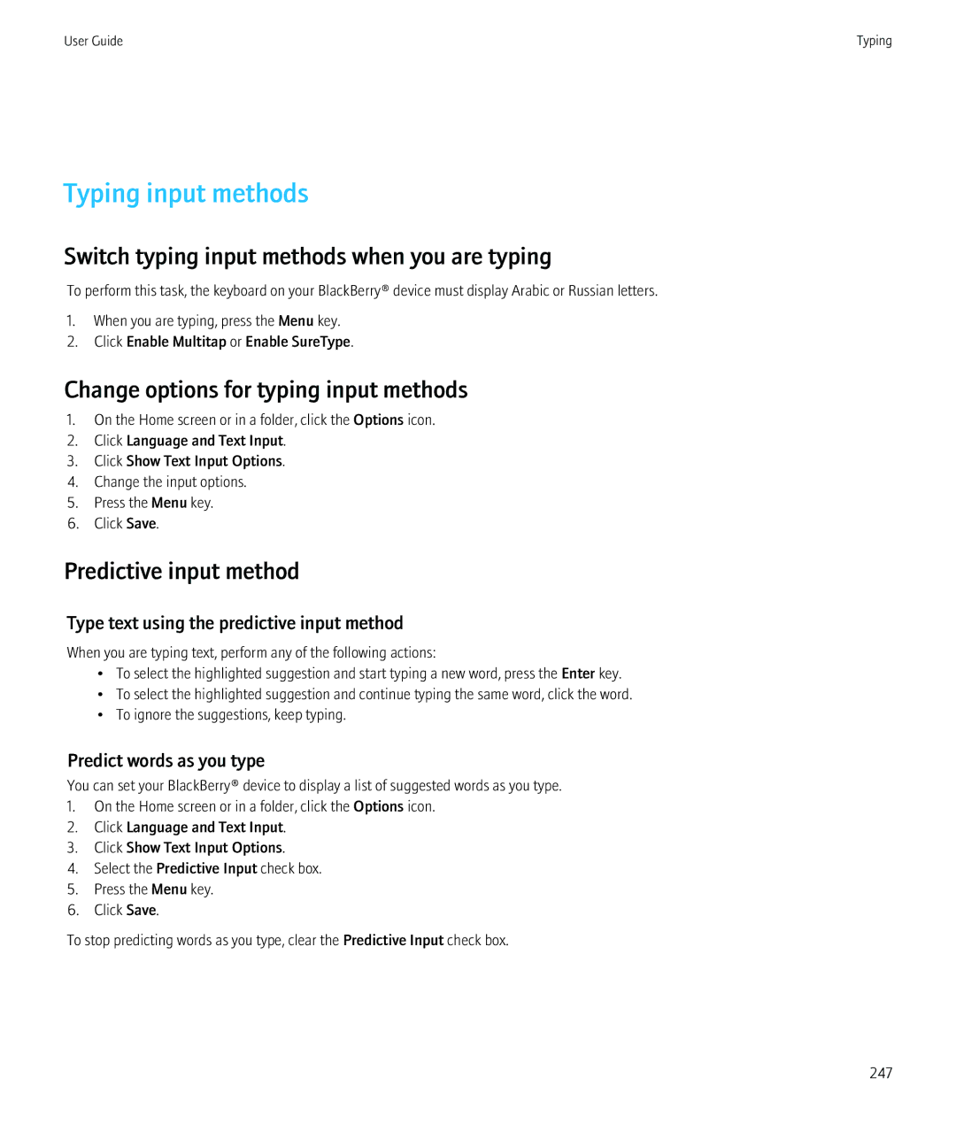 Blackberry 8980 manual Typing input methods, Switch typing input methods when you are typing, Predictive input method 