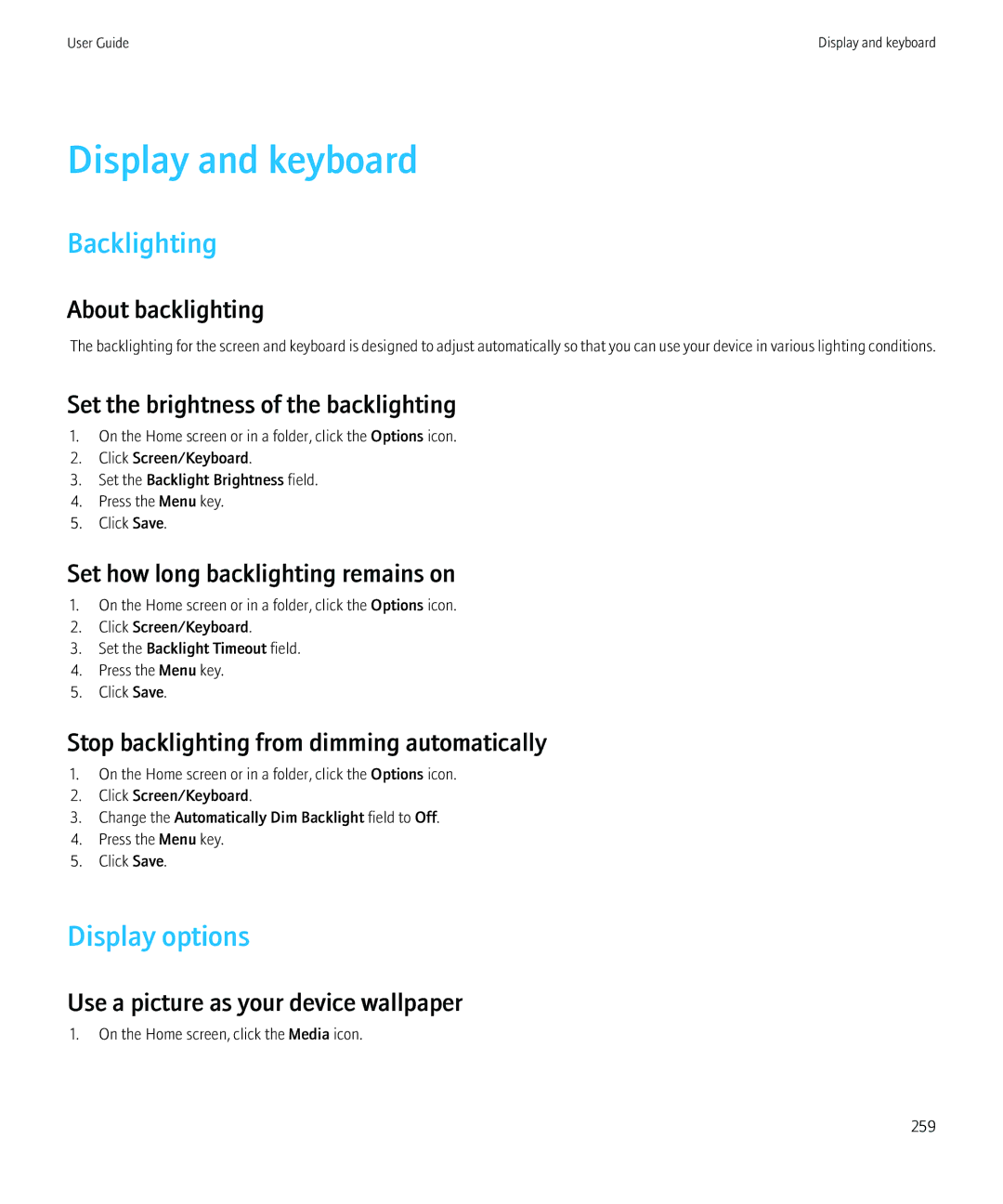 Blackberry 8980 manual Display and keyboard, Backlighting, Display options 