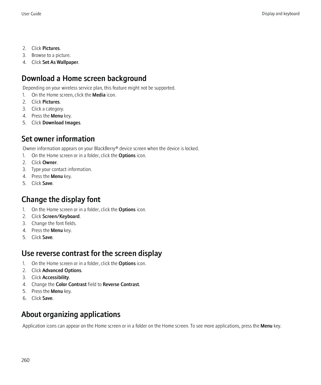 Blackberry 8980 manual Download a Home screen background, Set owner information, Change the display font 