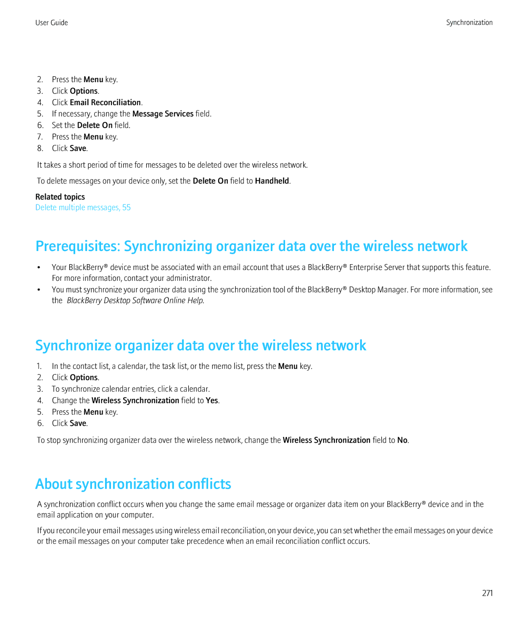 Blackberry 8980 manual Synchronize organizer data over the wireless network, About synchronization conflicts 