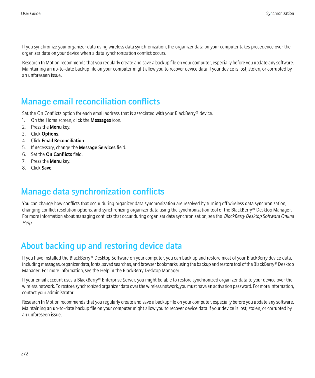 Blackberry 8980 manual Manage email reconciliation conflicts, Manage data synchronization conflicts 