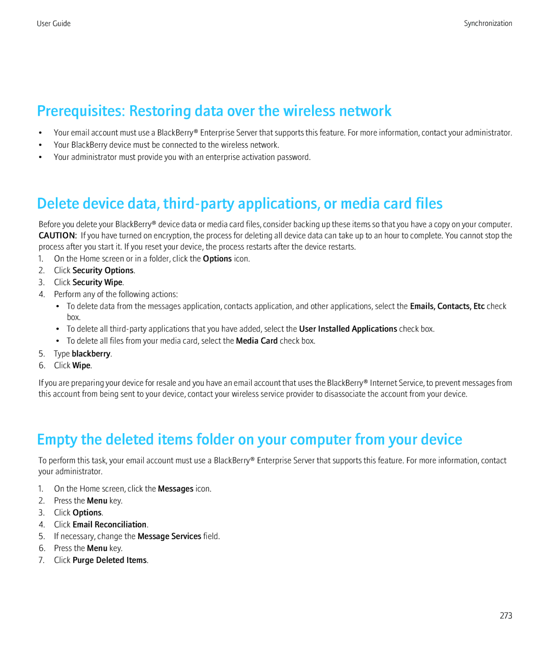 Blackberry 8980 manual Prerequisites Restoring data over the wireless network 