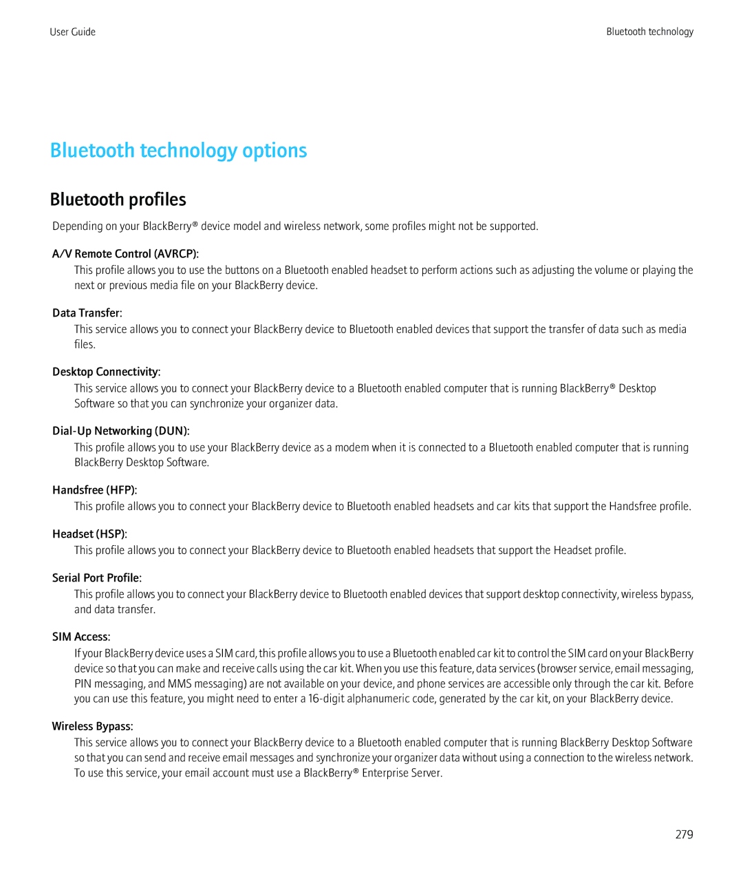 Blackberry 8980 manual Bluetooth technology options, Bluetooth profiles 