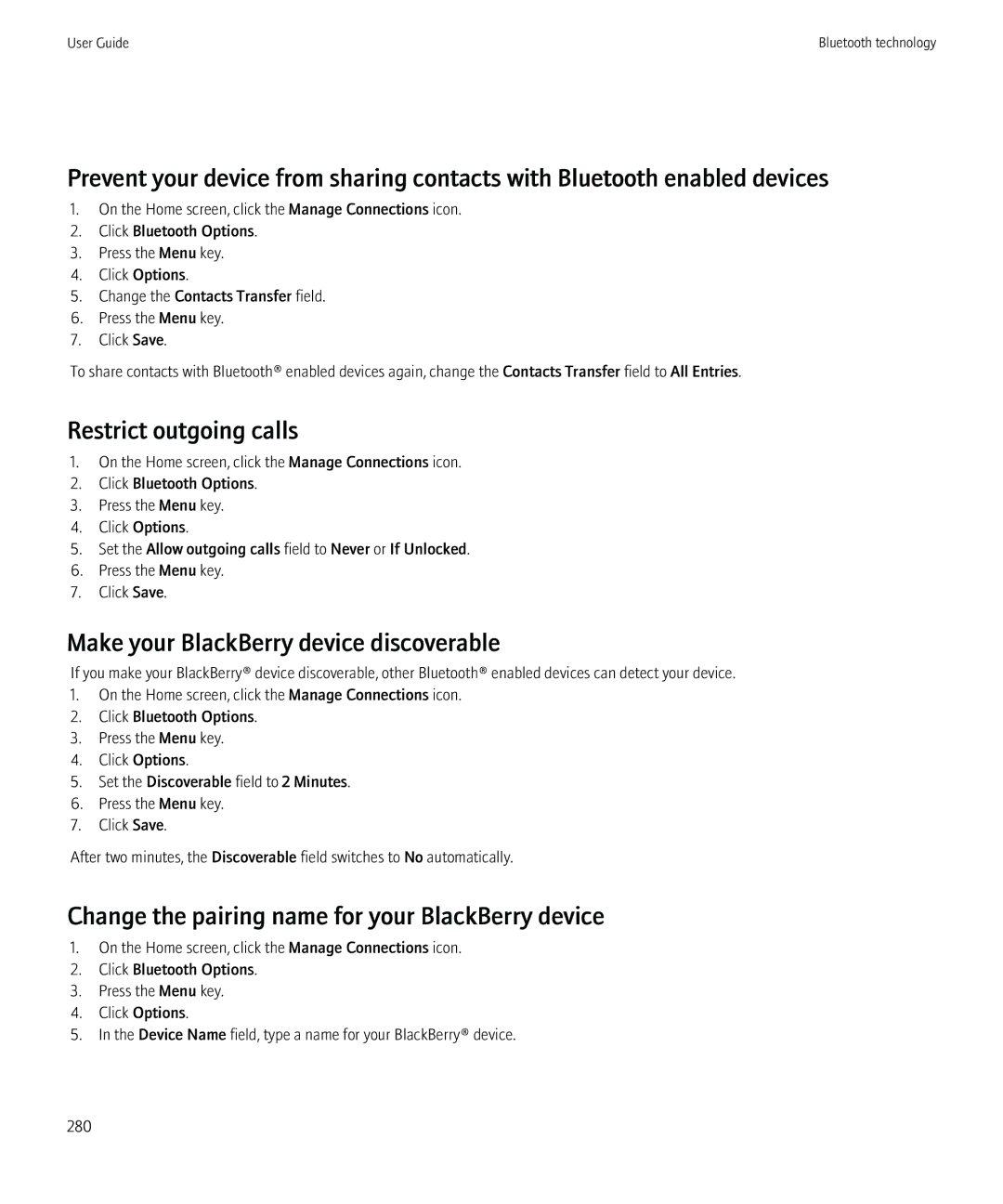 Blackberry 8980 manual Restrict outgoing calls, Make your BlackBerry device discoverable 