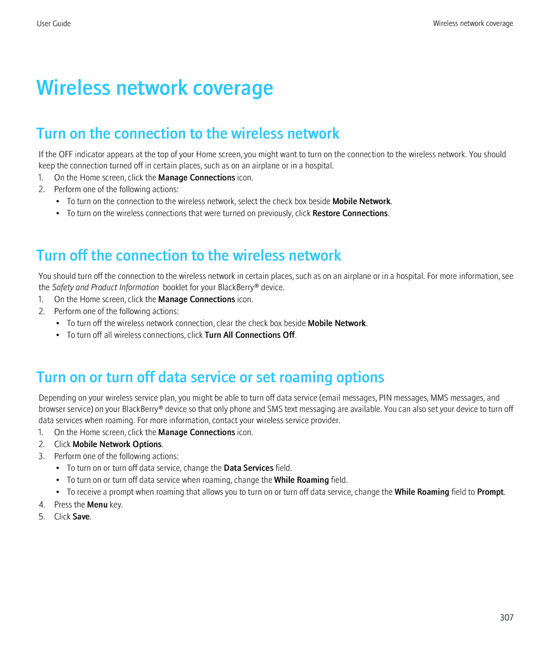 Blackberry 8980 manual Wireless network coverage, Turn on the connection to the wireless network 