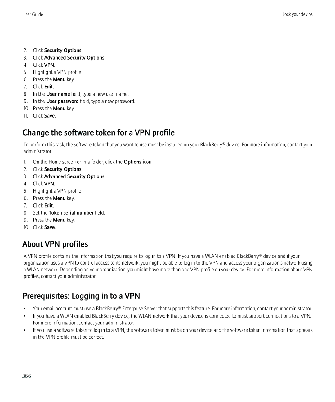 Blackberry 8980 manual Change the software token for a VPN profile, About VPN profiles, Prerequisites Logging in to a VPN 