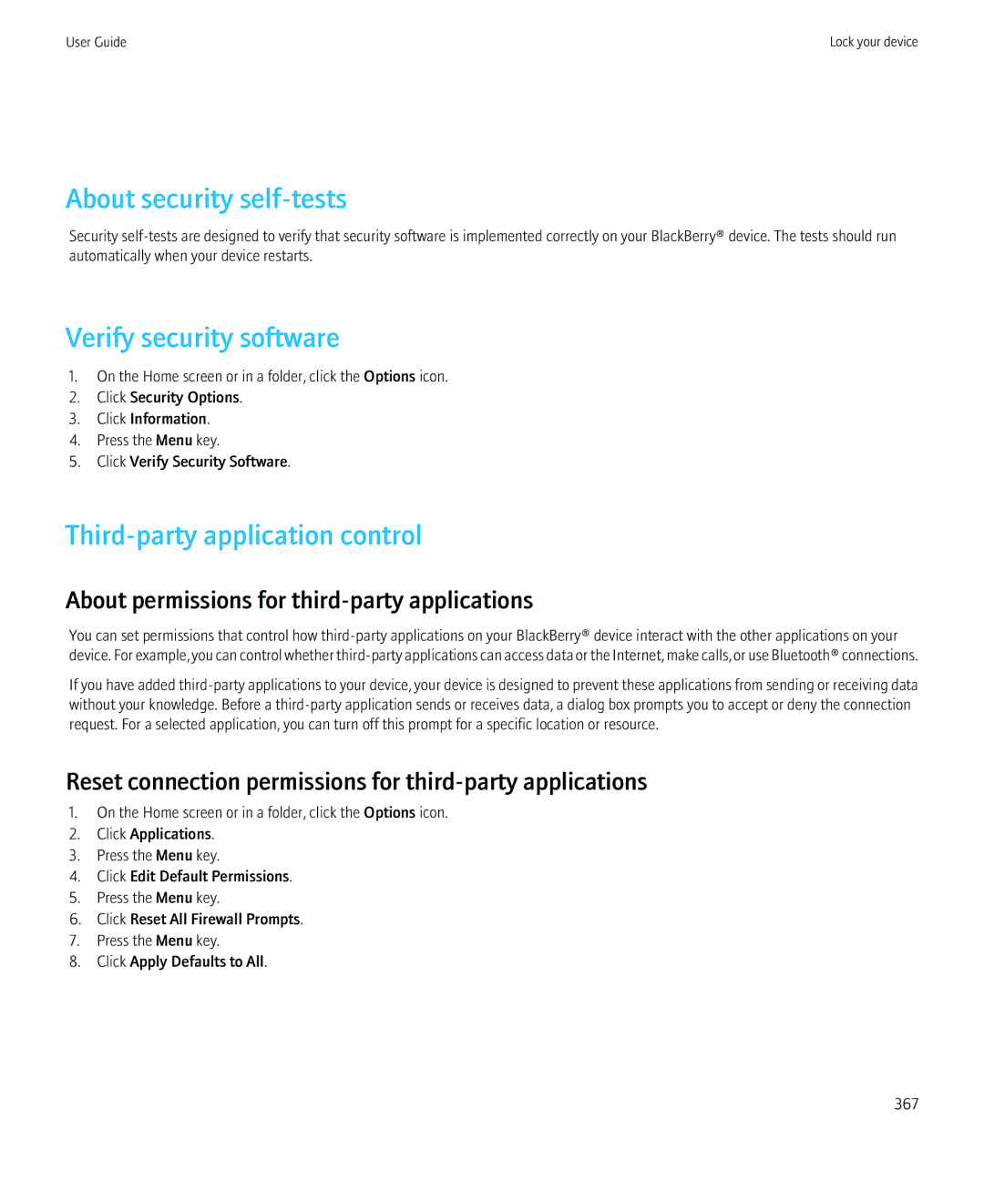 Blackberry 8980 manual About security self-tests, Verify security software, Third-party application control 